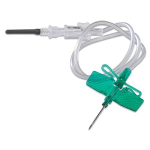 Butterfly infusion set with green winged needle and transparent tubing for medical use