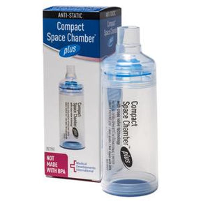 Anti-static compact space chamber plus inhaler spacer next to retail packaging