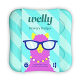 Blue striped tin of assorted flexible fabric bandages with a cartoon llama wearing glasses on the cover.