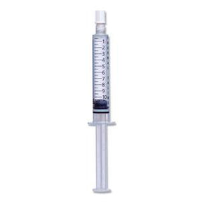 Disposable medical syringe with clear barrel and measurement markings on white background