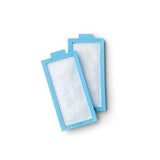 Pair of rectangular blue replacement medical device filters on white background