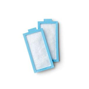 Pair of rectangular blue replacement medical device filters on white background