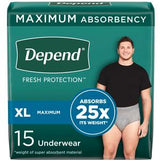 Depend maximum absorbency XL adult underwear pack with man modeling product