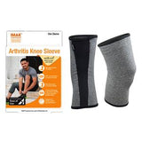 Arthritis knee sleeve gray with black accents, includes product packaging and informational features.
