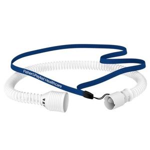 White CPAP tube with blue headgear for sleep apnea therapy, Fisher & Paykel Healthcare branding visible.