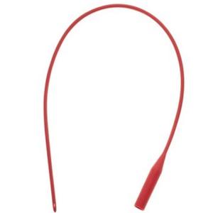 Red medical catheter tube with smooth tip on white background