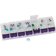 Weekly pill organizer with labeled compartments and assorted daily medication