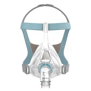 Full face CPAP mask with light blue headgear for sleep apnea therapy