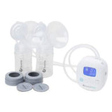Double electric breast pump kit with bottles, digital display, and accessories on white background.