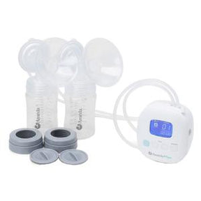 Double electric breast pump kit with bottles, digital display, and accessories on white background.