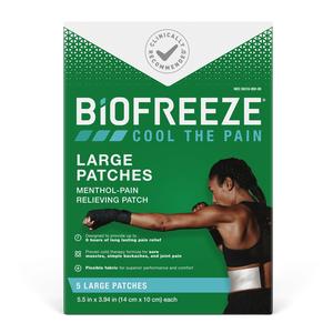Biofreeze large menthol pain relief patches box, athlete applying patch