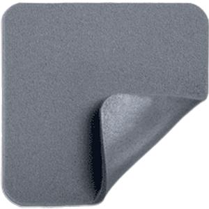 Gray square medical adhesive patch with rounded corners, one corner partially peeled
