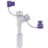 Y-port enteral feeding tube adapter with purple caps for medical supply home use