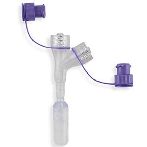 Y-port enteral feeding tube adapter with purple caps for medical supply home use