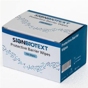 box of protective barrier wipes for medical use, 100 wipes, blue and white packaging