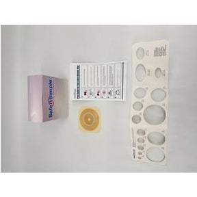 Ostomy barrier supplies kit with ring, measuring guide, instructions, and purple box on white background