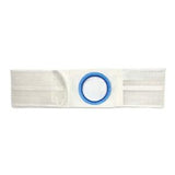 Ostomy support belt with blue circular opening for medical appliance, shown on white background.