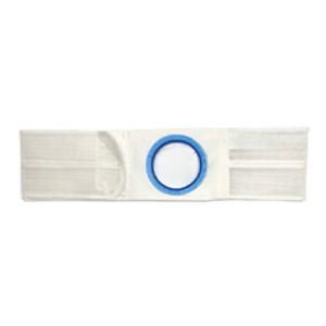 Ostomy support belt with blue circular opening for medical appliance, shown on white background.