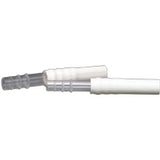 Clear plastic medical tubing connectors against white background