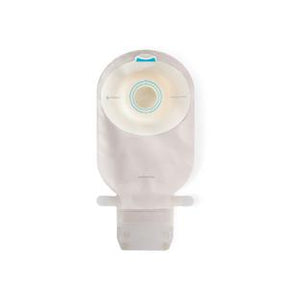 Ostomy pouch with adhesive barrier for medical stoma care on white background