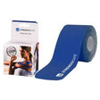 Blue kinesiology tape roll and packaging, support tape for muscle and joint pain relief