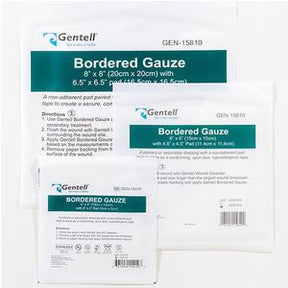 Gentell bordered gauze pads medical wound dressings in assorted sizes on white background