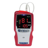 Handheld pulse oximeter with red casing displaying SpO2 and heart rate readings on screen