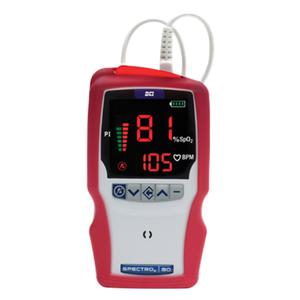 Handheld pulse oximeter with red casing displaying SpO2 and heart rate readings on screen