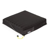 Black wheelchair seat cushion for pressure relief with ROHO label and inflation valve
