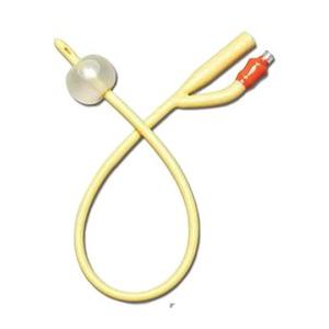 Foley catheter with balloon for urinary drainage, medical supply product on white background.