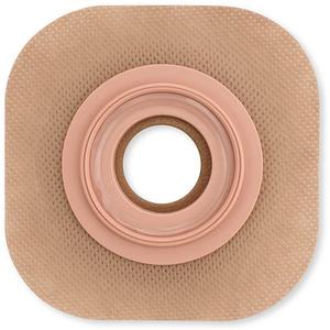 Adhesive ostomy barrier for stoma care, square tan hydrocolloid baseplate with central opening