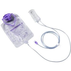 Clear medical feeding bag with attached tube and purple cap for enteral nutrition
