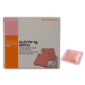 Allevyn Ag Gentle adhesive silver wound dressing box with individual pink dressing