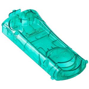 Transparent teal medical device case on white background, home medical supply accessory