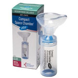 Compact anti-static space chamber inhaler spacer with medium mask and product packaging
