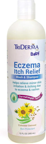 TriDerma MD Baby Eczema Itch Relief wash and shampoo bottle, colloidal oatmeal skin protectant