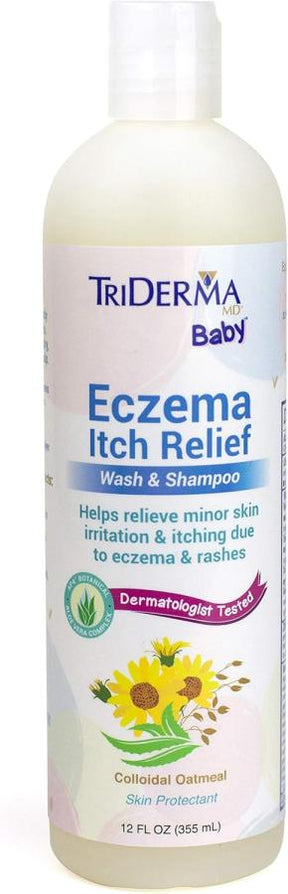 TriDerma MD Baby Eczema Itch Relief wash and shampoo bottle, colloidal oatmeal skin protectant