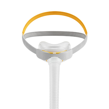 Nasal CPAP mask with headgear and flexible tube for sleep apnea therapy