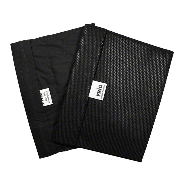 Black extra large cooling wallet for medication storage, shown open and closed.