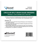 Gentell circular split drain gauze dressing package with product info and instructions