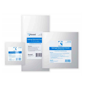 Hydrogel saturated gauze wound dressings in various sizes with blue and white labels.