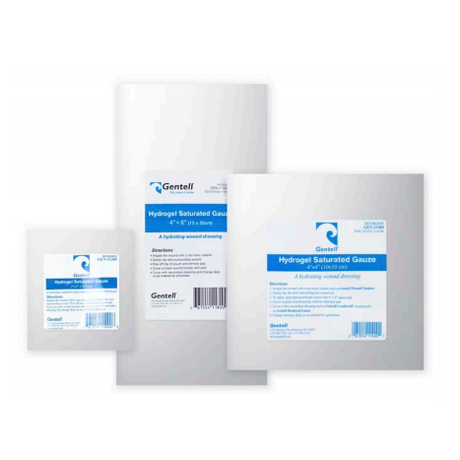 Hydrogel saturated gauze wound dressings in various sizes with blue and white labels.