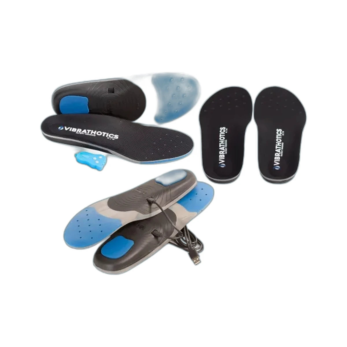 Vibrathotics black and blue orthopedic shoe insoles with USB charging cable and remote control.