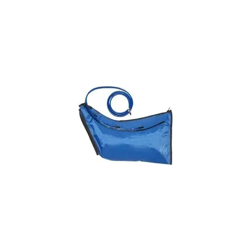 Blue medical compression leg sleeve with attached hose for therapy support