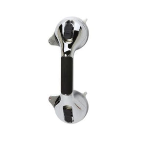 Chrome suction cup grab bar with black grip for bathroom safety and mobility support