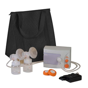 Double electric breast pump with bottles, power adapter, extra parts, and black carrying bag