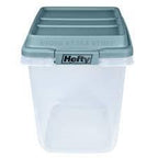 Clear plastic storage container with blue lid and Hefty label, suitable for medical supplies