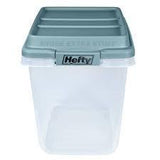 Clear plastic storage container with blue lid and Hefty label, suitable for medical supplies