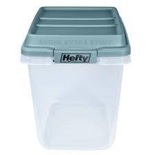 Clear plastic storage container with blue lid and Hefty label, suitable for medical supplies