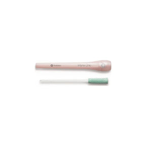 Female intermittent catheter with pink carrying case and green grip, for urological care